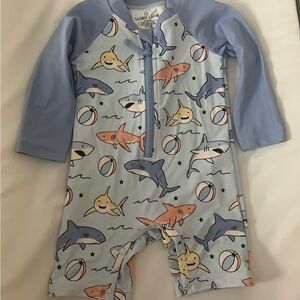 Caden Lane boys long sleeve swim romper shortie Shark Print 3-6 months NWOT